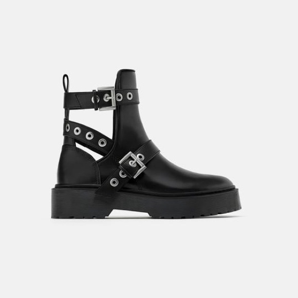 Zara Black Biker Ankle Boots With Cut Outs - Picture 2 of 8